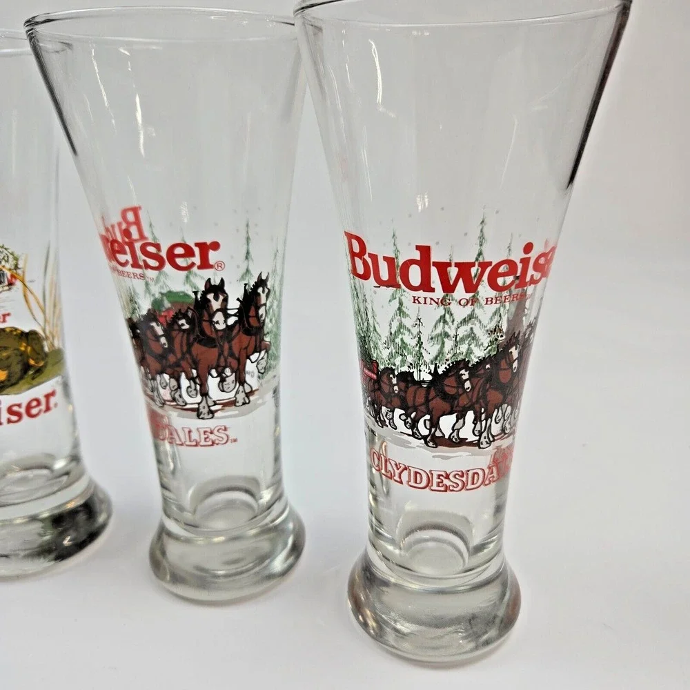 1989, 1996 Vintage Budweiser Holiday Clydesdales‎ & Frog Pilsner Beer Glasses